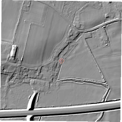 Shaded relief map of the ground around DN149ET, computed from Environment Agency LiDAR. The ground here sits at about 4 m above sea level and falls 10 m across the surrounding 800 m. Surface water reaching this point runs off ground lying to the west, 9.0 m higher.