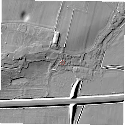 Shaded relief map of the ground around DN149EY, computed from Environment Agency LiDAR. The ground here sits at about 6 m above sea level and falls 10 m across the surrounding 800 m. Surface water reaching this point runs off ground lying to the north, 3.4 m higher.