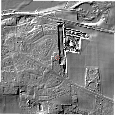 Shaded relief map of the ground around DN149FG, computed from Environment Agency LiDAR. The ground here sits at about 10 m above sea level and falls 10 m across the surrounding 800 m. Surface water reaching this point runs off ground lying to the south-south-west, 6.7 m higher.