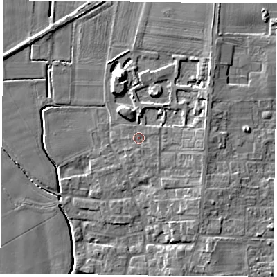 Shaded relief map of the ground around DN149FQ, computed from Environment Agency LiDAR. The ground here sits at about 5 m above sea level and falls 10 m across the surrounding 800 m. Surface water reaching this point runs off ground lying to the east, 3.1 m higher.