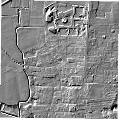 Shaded relief map of the ground around DN149GF, computed from Environment Agency LiDAR. The ground here sits at about 5 m above sea level and falls 10 m across the surrounding 800 m. Surface water reaching this point runs off ground lying to the east, 3.8 m higher.
