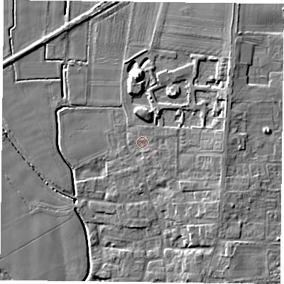 Shaded relief map of the ground around DN149GJ, computed from Environment Agency LiDAR. The ground here sits at about 5 m above sea level and falls 10 m across the surrounding 800 m. Surface water reaching this point runs off ground lying to the east, 3.7 m higher.