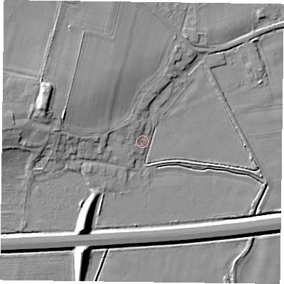 Shaded relief map of the ground around DN149HA, computed from Environment Agency LiDAR. The ground here sits at about 4 m above sea level and falls 10 m across the surrounding 800 m. Surface water reaching this point runs off ground lying to the west, 3.2 m higher.