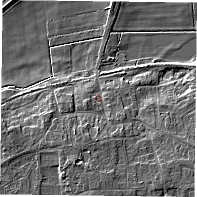 Shaded relief map of the ground around DN149HS, computed from Environment Agency LiDAR. The ground here sits at about 7 m above sea level and falls 10 m across the surrounding 800 m. Surface water reaching this point runs off ground lying to the south, 4.3 m higher.