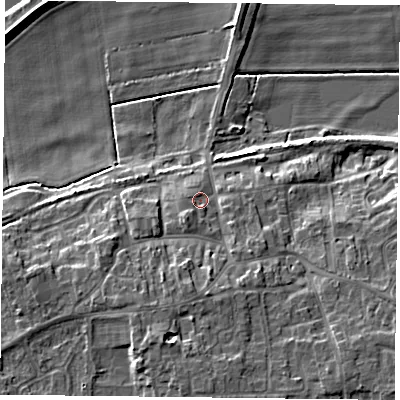 Shaded relief map of the ground around DN149HU, computed from Environment Agency LiDAR. The ground here sits at about 6 m above sea level and falls 10 m across the surrounding 800 m. Surface water reaching this point runs off ground lying to the south, 4.5 m higher.