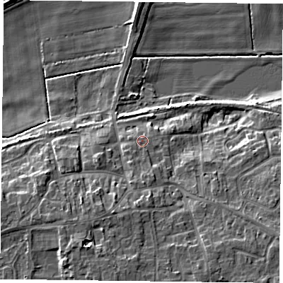 Shaded relief map of the ground around DN149HY, computed from Environment Agency LiDAR. The ground here sits at about 6 m above sea level and falls 10 m across the surrounding 800 m. Surface water reaching this point runs off ground lying to the south, 2.6 m higher.