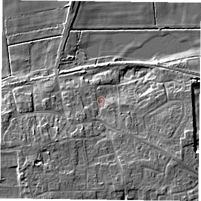Shaded relief map of the ground around DN149JD, computed from Environment Agency LiDAR. The ground here sits at about 6 m above sea level and falls 10 m across the surrounding 800 m. Surface water reaching this point runs off ground lying to the south-west, 5.5 m higher.