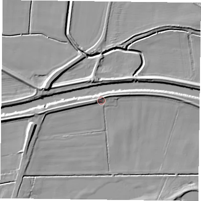 Shaded relief map of the ground around DN149LL, computed from Environment Agency LiDAR. The ground here sits at about 5 m above sea level and falls 9 m across the surrounding 800 m. Surface water reaching this point runs off ground lying to the west, 3.2 m higher.
