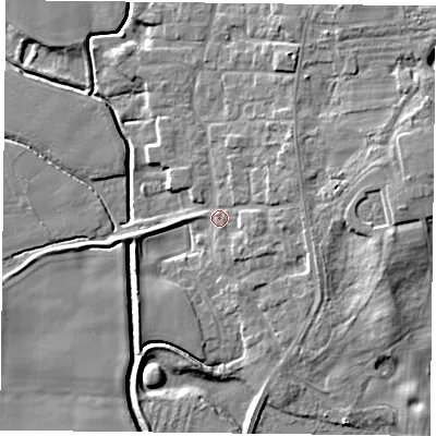 Shaded relief map of the ground around DN149LR, computed from Environment Agency LiDAR. The ground here sits at about 4 m above sea level and falls 9 m across the surrounding 800 m. Surface water reaching this point runs off ground lying to the east-north-east, 3.4 m higher.