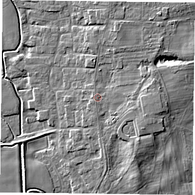 Shaded relief map of the ground around DN149LU, computed from Environment Agency LiDAR. The ground here sits at about 7 m above sea level and falls 9 m across the surrounding 800 m. Surface water reaching this point runs off ground lying to the east-south-east, 3.9 m higher.