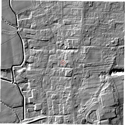 Shaded relief map of the ground around DN149NX, computed from Environment Agency LiDAR. The ground here sits at about 5 m above sea level and falls 9 m across the surrounding 800 m. Surface water reaching this point runs off ground lying to the east, 2.1 m higher.