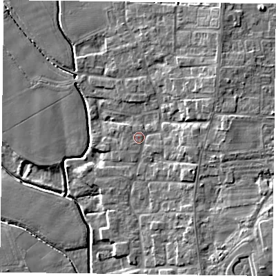 Shaded relief map of the ground around DN149NY, computed from Environment Agency LiDAR. The ground here sits at about 4 m above sea level and falls 9 m across the surrounding 800 m. Surface water reaching this point runs off ground lying to the east, 3.6 m higher.