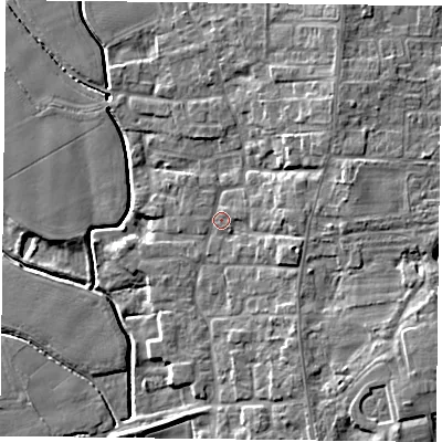 Shaded relief map of the ground around DN149PA, computed from Environment Agency LiDAR. The ground here sits at about 4 m above sea level and falls 9 m across the surrounding 800 m. Surface water reaching this point runs off ground lying to the east-south-east, 3.5 m higher.