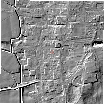 Shaded relief map of the ground around DN149PD, computed from Environment Agency LiDAR. The ground here sits at about 5 m above sea level and falls 9 m across the surrounding 800 m. Surface water reaching this point runs off ground lying to the south-east, 1.6 m higher.