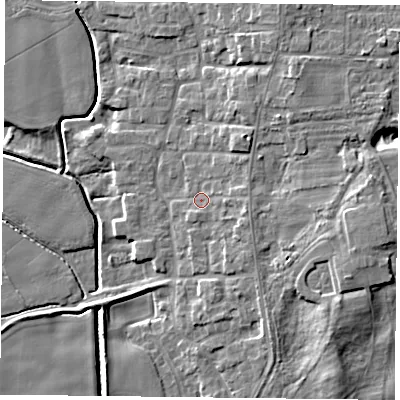 Shaded relief map of the ground around DN149PE, computed from Environment Agency LiDAR. The ground here sits at about 5 m above sea level and falls 9 m across the surrounding 800 m. Surface water reaching this point runs off ground lying to the east-south-east, 2.7 m higher.