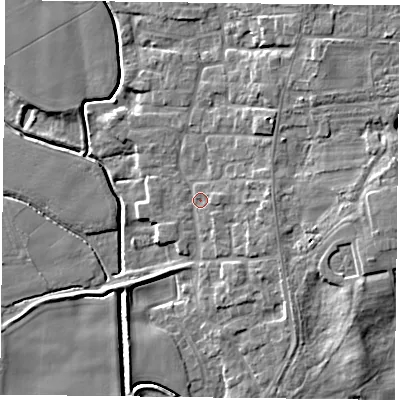 Shaded relief map of the ground around DN149PF, computed from Environment Agency LiDAR. The ground here sits at about 4 m above sea level and falls 9 m across the surrounding 800 m. Surface water reaching this point runs off ground lying to the east, 3.1 m higher.