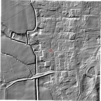 Shaded relief map of the ground around DN149PH, computed from Environment Agency LiDAR. The ground here sits at about 4 m above sea level and falls 9 m across the surrounding 800 m. Surface water reaching this point runs off ground lying to the east, 3.5 m higher.
