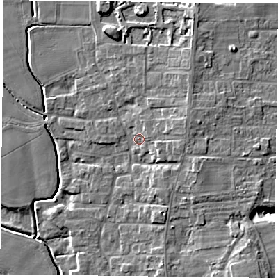 Shaded relief map of the ground around DN149PL, computed from Environment Agency LiDAR. The ground here sits at about 5 m above sea level and falls 9 m across the surrounding 800 m. Surface water reaching this point runs off ground lying to the east-north-east, 4.1 m higher.