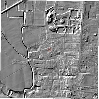 Shaded relief map of the ground around DN149PN, computed from Environment Agency LiDAR. The ground here sits at about 5 m above sea level and falls 10 m across the surrounding 800 m. Surface water reaching this point runs off ground lying to the east-north-east, 1.4 m higher.
