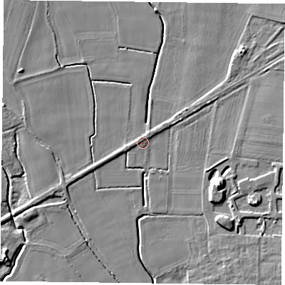 Shaded relief map of the ground around DN149PR, computed from Environment Agency LiDAR. The ground here sits at about 4 m above sea level and falls 10 m across the surrounding 800 m. Surface water reaching this point runs off ground lying to the west, 1.3 m higher.
