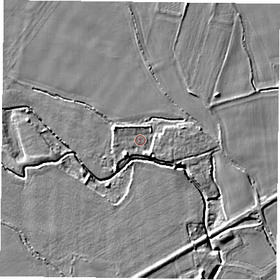 Shaded relief map of the ground around DN149PT, computed from Environment Agency LiDAR. The ground here sits at about 4 m above sea level and falls 6 m across the surrounding 800 m. Surface water reaching this point runs off ground lying to the south-west, 3.8 m higher.