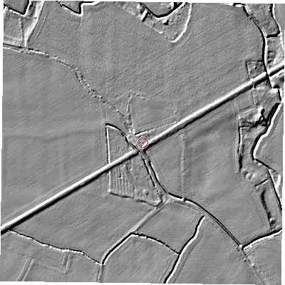 Shaded relief map of the ground around DN149PU, computed from Environment Agency LiDAR. The ground here sits at about 4 m above sea level and falls 5 m across the surrounding 800 m. Surface water reaching this point runs off ground lying to the south, 2.8 m higher.