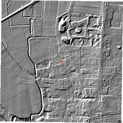 Shaded relief map of the ground around DN149PW, computed from Environment Agency LiDAR. The ground here sits at about 5 m above sea level and falls 10 m across the surrounding 800 m. Surface water reaching this point runs off ground lying to the east-north-east, 1.7 m higher.