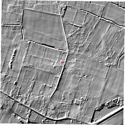 Shaded relief map of the ground around DN149PZ, computed from Environment Agency LiDAR. The ground here sits at about 6 m above sea level and falls 6 m across the surrounding 800 m. Surface water reaching this point runs off ground lying to the west-south-west, 3.7 m higher.