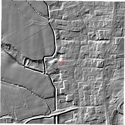Shaded relief map of the ground around DN149QF, computed from Environment Agency LiDAR. The ground here sits at about 4 m above sea level and falls 8 m across the surrounding 800 m. Surface water reaching this point runs off ground lying to the east, 3.6 m higher.
