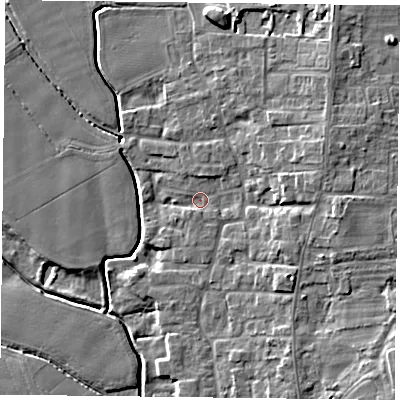 Shaded relief map of the ground around DN149QG, computed from Environment Agency LiDAR. The ground here sits at about 4 m above sea level and falls 9 m across the surrounding 800 m. Surface water reaching this point runs off ground lying to the east-north-east, 5.4 m higher.