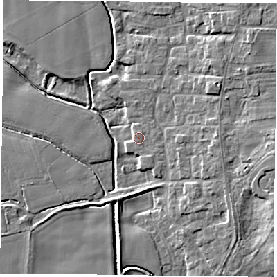 Shaded relief map of the ground around DN149QH, computed from Environment Agency LiDAR. The ground here sits at about 4 m above sea level and falls 8 m across the surrounding 800 m. Surface water reaching this point runs off ground lying to the east-south-east, 0.6 m higher.