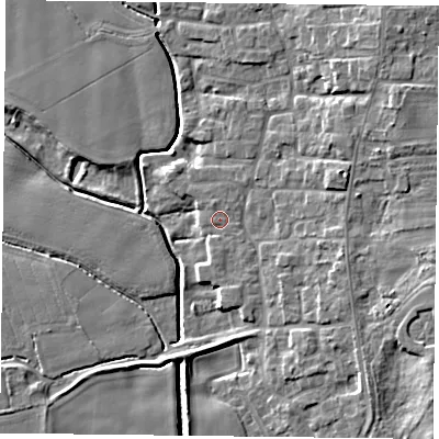 Shaded relief map of the ground around DN149QJ, computed from Environment Agency LiDAR. The ground here sits at about 4 m above sea level and falls 8 m across the surrounding 800 m. Surface water reaching this point runs off ground lying to the east-north-east, 5.6 m higher.