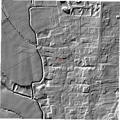 Shaded relief map of the ground around DN149QQ, computed from Environment Agency LiDAR. The ground here sits at about 4 m above sea level and falls 8 m across the surrounding 800 m. Surface water reaching this point runs off ground lying to the north-east, 1.2 m higher.