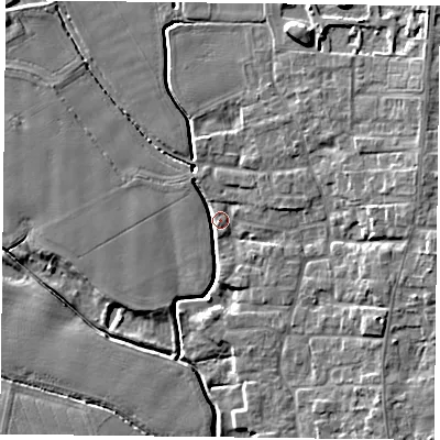 Shaded relief map of the ground around DN149QR, computed from Environment Agency LiDAR. The ground here sits at about 4 m above sea level and falls 8 m across the surrounding 800 m. Surface water reaching this point runs off ground lying to the north-north-west, 3.1 m higher.