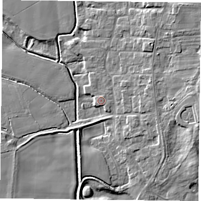 Shaded relief map of the ground around DN149QT, computed from Environment Agency LiDAR. The ground here sits at about 5 m above sea level and falls 9 m across the surrounding 800 m. The ground contributing surface water to this point lies to the north.