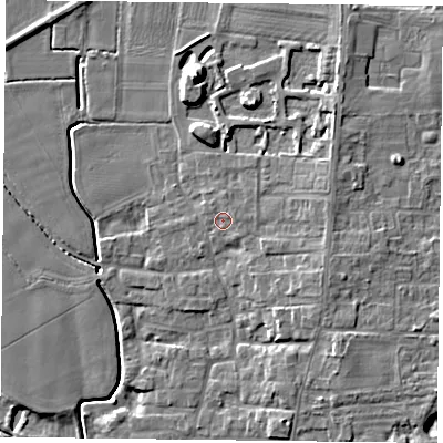 Shaded relief map of the ground around DN149QY, computed from Environment Agency LiDAR. The ground here sits at about 5 m above sea level and falls 10 m across the surrounding 800 m. Surface water reaching this point runs off ground lying to the east-north-east, 1.2 m higher.