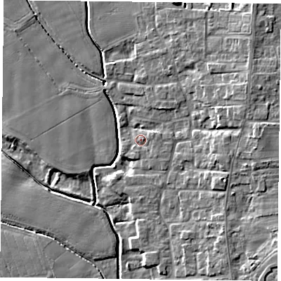 Shaded relief map of the ground around DN149QZ, computed from Environment Agency LiDAR. The ground here sits at about 4 m above sea level and falls 8 m across the surrounding 800 m. Surface water reaching this point runs off ground lying to the east-north-east, 1.2 m higher.