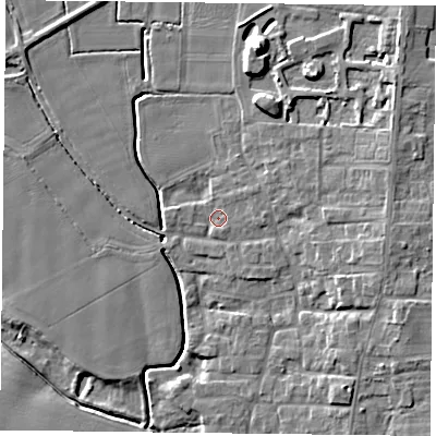 Shaded relief map of the ground around DN149RQ, computed from Environment Agency LiDAR. The ground here sits at about 4 m above sea level and falls 10 m across the surrounding 800 m. Surface water reaching this point runs off ground lying to the east-north-east, 1.8 m higher.