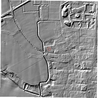 Shaded relief map of the ground around DN149RR, computed from Environment Agency LiDAR. The ground here sits at about 4 m above sea level and falls 10 m across the surrounding 800 m. Surface water reaching this point runs off ground lying to the north-west, 0.8 m higher.