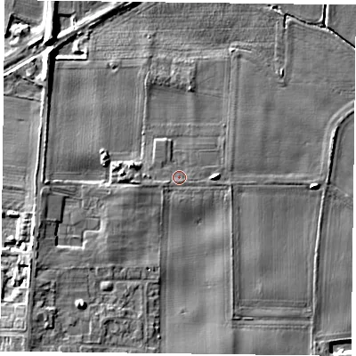 Shaded relief map of the ground around DN149RS, computed from Environment Agency LiDAR. The ground here sits at about 6 m above sea level and falls 8 m across the surrounding 800 m. Surface water reaching this point runs off ground lying to the west-south-west, 1.3 m higher.