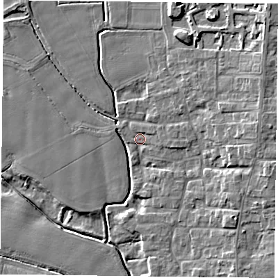 Shaded relief map of the ground around DN149RT, computed from Environment Agency LiDAR. The ground here sits at about 4 m above sea level and falls 9 m across the surrounding 800 m. Surface water reaching this point runs off ground lying to the east, 1.3 m higher.