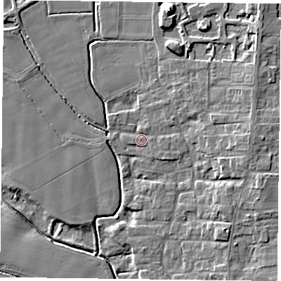 Shaded relief map of the ground around DN149SA, computed from Environment Agency LiDAR. The ground here sits at about 4 m above sea level and falls 10 m across the surrounding 800 m. Surface water reaching this point runs off ground lying to the east, 5.3 m higher.