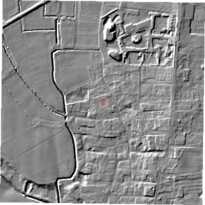 Shaded relief map of the ground around DN149SB, computed from Environment Agency LiDAR. The ground here sits at about 4 m above sea level and falls 10 m across the surrounding 800 m. Surface water reaching this point runs off ground lying to the east-north-east, 1.2 m higher.