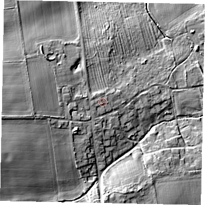 Shaded relief map of the ground around DN150AD, computed from Environment Agency LiDAR. The ground here sits at about 14 m above sea level and falls 18 m across the surrounding 800 m. Surface water reaching this point runs off ground lying to the west, 1.3 m higher.