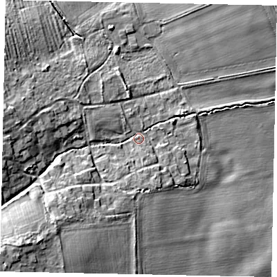 Shaded relief map of the ground around DN150AJ, computed from Environment Agency LiDAR. The ground here sits at about 6 m above sea level and falls 13 m across the surrounding 800 m. Surface water reaching this point runs off ground lying to the south-west, 9.8 m higher.