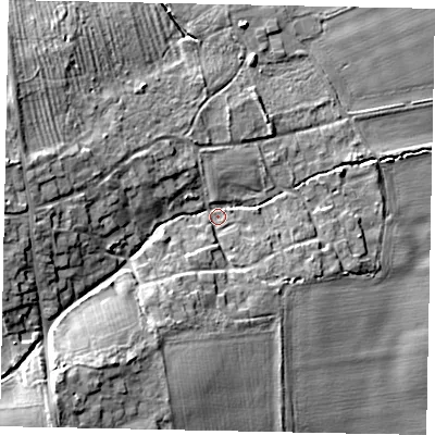 Shaded relief map of the ground around DN150AP, computed from Environment Agency LiDAR. The ground here sits at about 7 m above sea level and falls 13 m across the surrounding 800 m. Surface water reaching this point runs off ground lying to the south-west, 9.6 m higher.