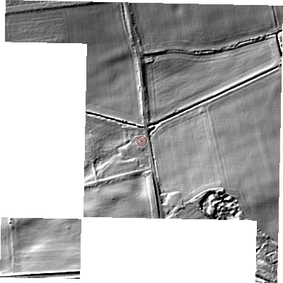 Shaded relief map of the ground around DN150BZ, computed from Environment Agency LiDAR. The ground here sits at about 8 m above sea level and falls 16 m across the surrounding 800 m. Surface water reaching this point runs off ground lying to the south-south-west, 5.5 m higher.