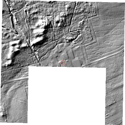 Shaded relief map of the ground around DN150DB, computed from Environment Agency LiDAR. The ground here sits at about 13 m above sea level and falls 28 m across the surrounding 800 m. Surface water reaching this point runs off ground lying to the south-west, 2.2 m higher.