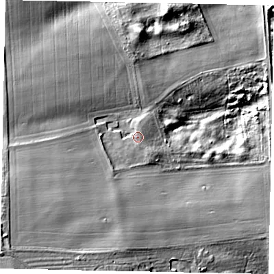 Shaded relief map of the ground around DN150DD, computed from Environment Agency LiDAR. The ground here sits at about 47 m above sea level and falls 39 m across the surrounding 800 m. Surface water reaching this point runs off ground lying to the south-west, 4.6 m higher.