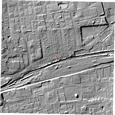 Shaded relief map of the ground around DN156QE, computed from Environment Agency LiDAR. The ground here sits at about 37 m above sea level and falls 13 m across the surrounding 800 m. Surface water reaching this point runs off ground lying to the west-north-west, 3.0 m higher.